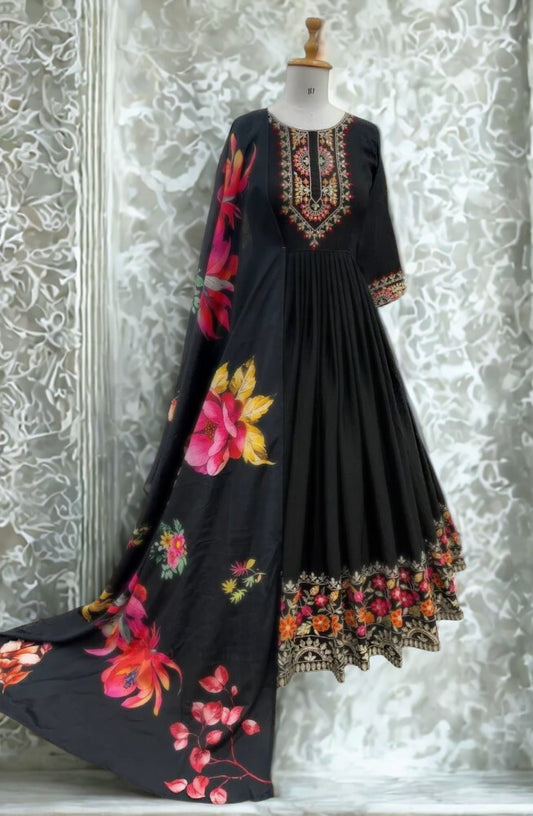 Black Color Chinon Gown with Heavy Embroidery & Dupatta