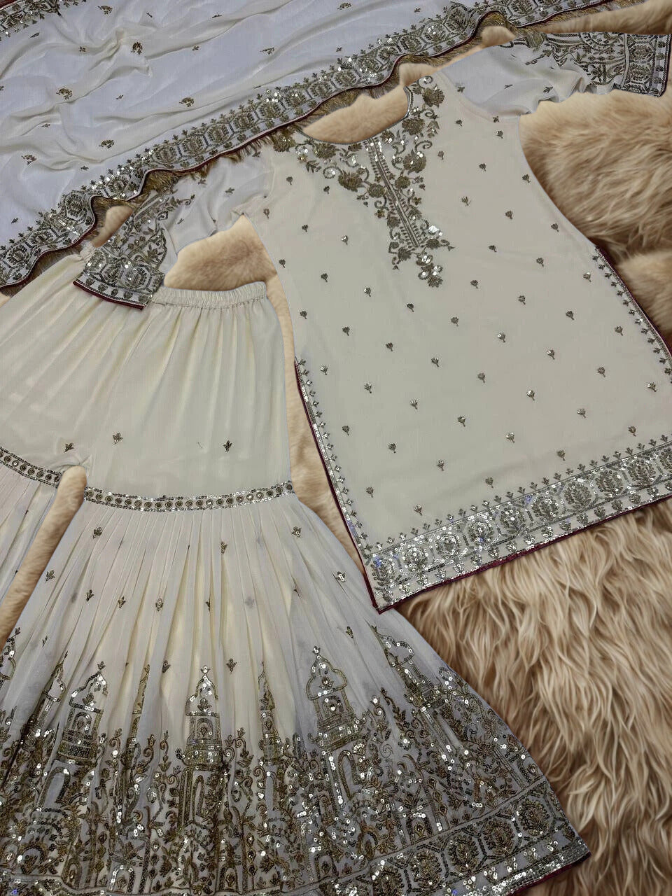 🤍 Elegant Beige 3-Piece Pakistani Suit – Top, Palazzo & Dupatta 🤍 ✨ Handmade • Heavy Embroidery & Sequins • Ready to Wear ✨