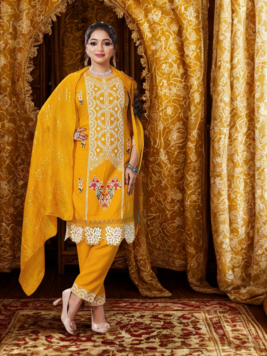 Elegant Resham Embroidered Silk Stitched Suit Salwar Kameez Kurta Set with Dupatta