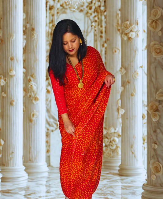 Red Bandhani Georgette Saree – Traditional & Ready to Wear (Fall & Pico Done)