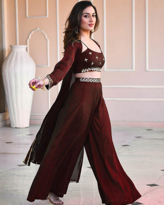 ✨ Elegant 3-Piece Palazzo Set – Embellished Crop Top, Long Jacket & Wide-Leg Pants | Festive Ethnic Wear