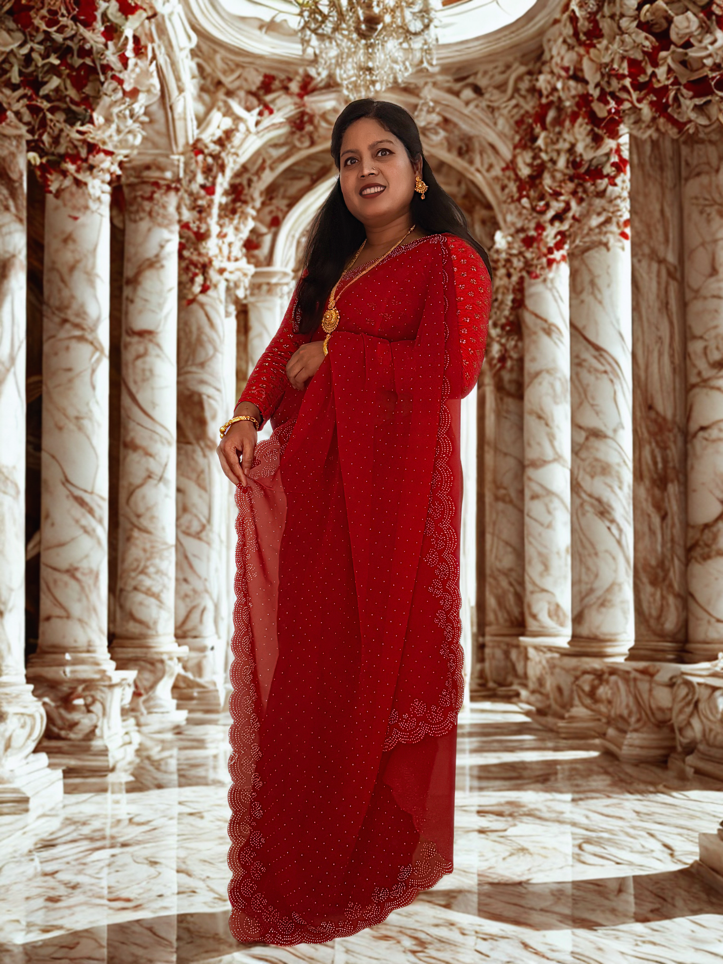 Elegant Crimson Red Georgette Saree with Intricate Border Work (Fall & Pico Done)