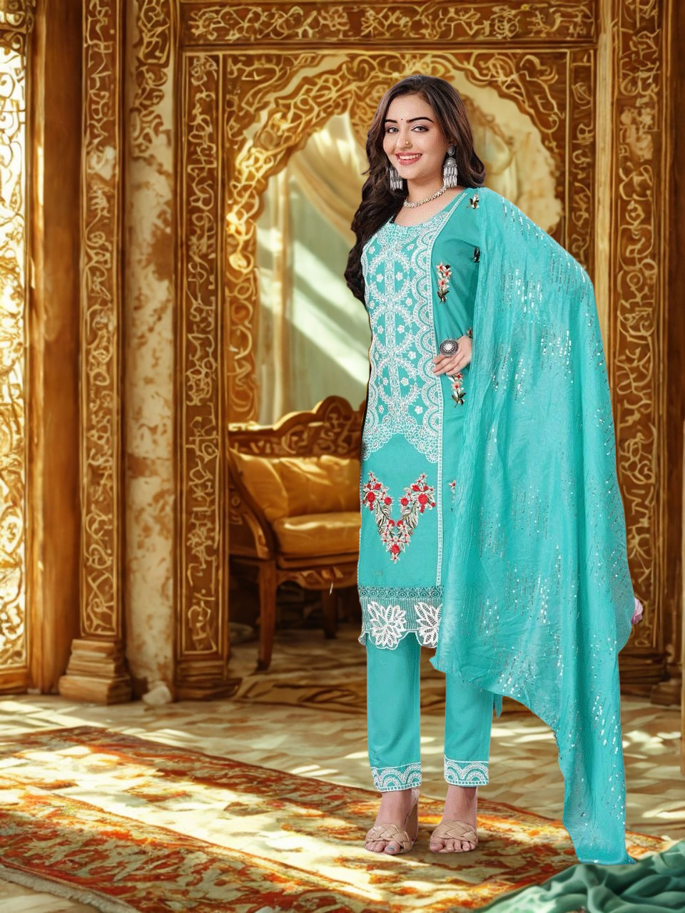 Elegant Resham Embroidered Silk Stitched Suit Salwar Kameez Kurta Set with Dupatta