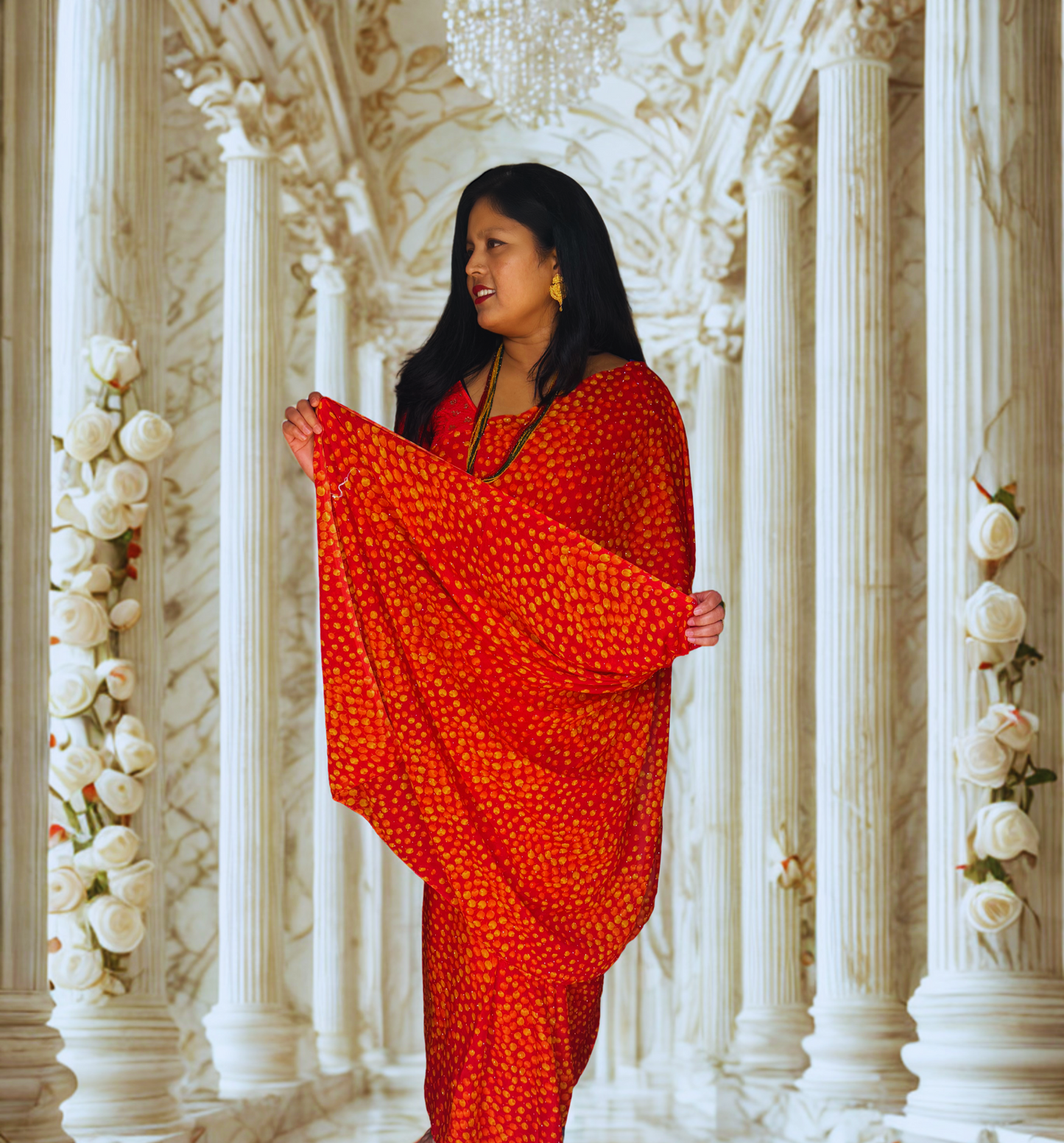 Red Bandhani Georgette Saree – Traditional & Ready to Wear (Fall & Pico Done)