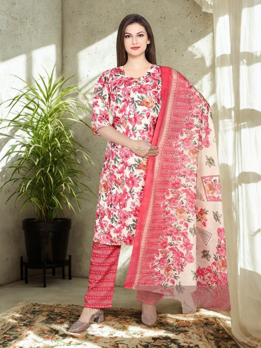 Whispering Blooms – Handcrafted Cotton Kurta Set with Dupatta
