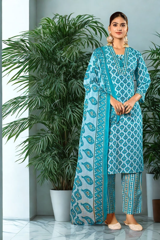 Heritage Print Cotton Kurta Set with Dupatta