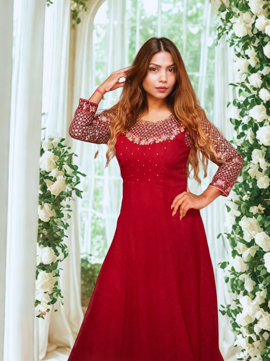 🛍️ Pink Embroidered Kurta Set & Maroon Anarkali Gown – Festive Elegance Collection