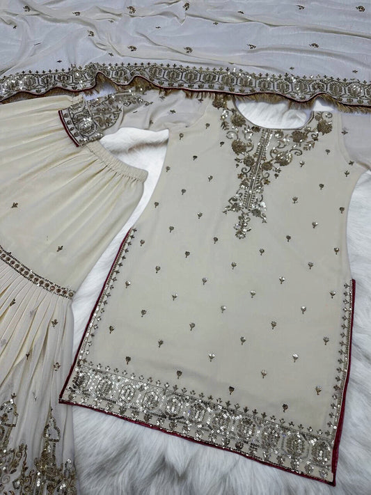 🤍 Elegant Beige 3-Piece Pakistani Suit – Top, Palazzo & Dupatta 🤍 ✨ Handmade • Heavy Embroidery & Sequins • Ready to Wear ✨