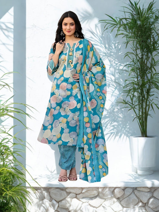 Sunshine Floral Printed Cotton Kurta Set with Dupatta