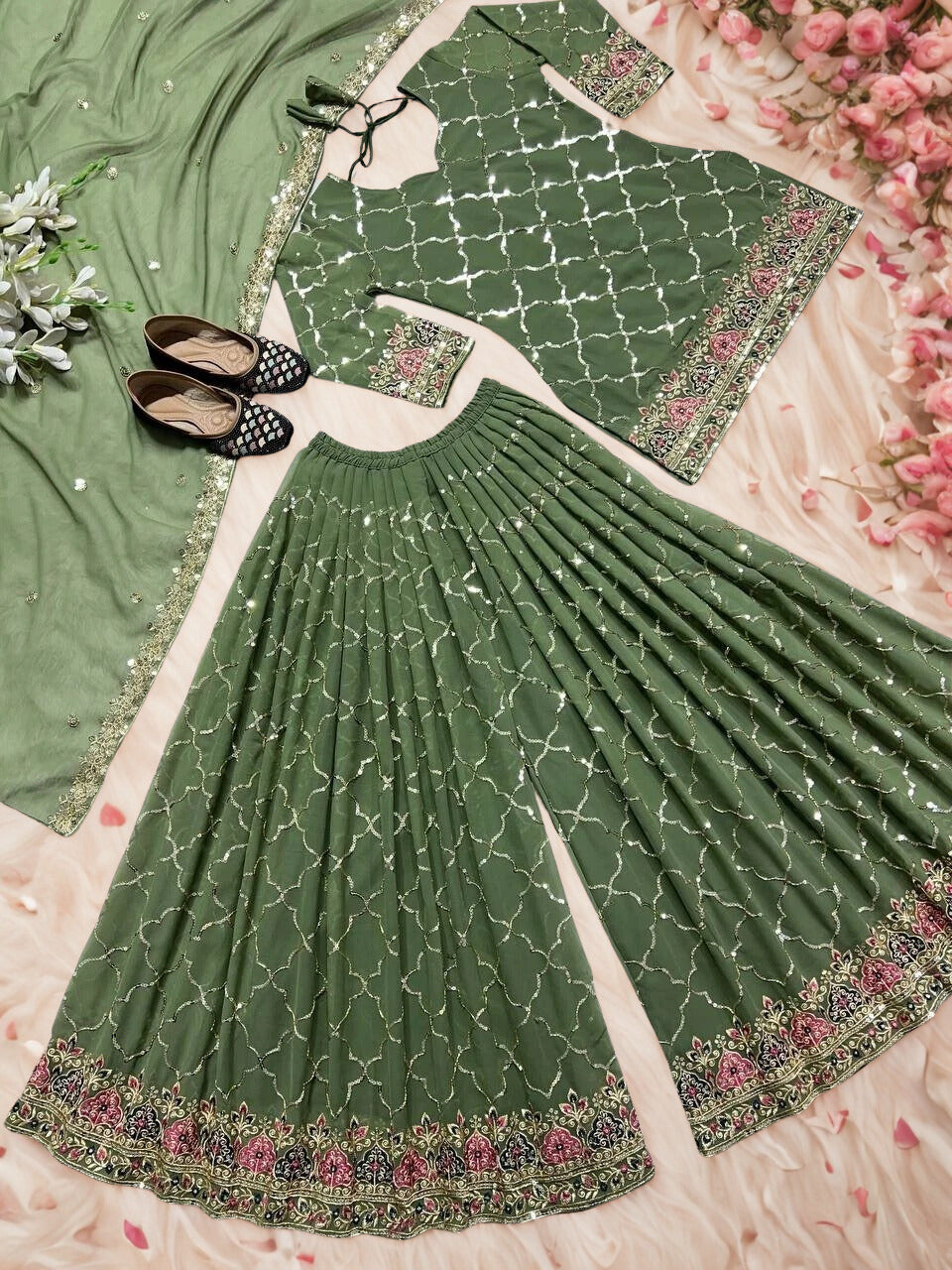 π Elegant Pista Green Chinnon Silk Palazzo Suit Set π β¨ Bridesmaid Outfit | Sequin Embroidery | Ready-to-Wear Comfort β¨
