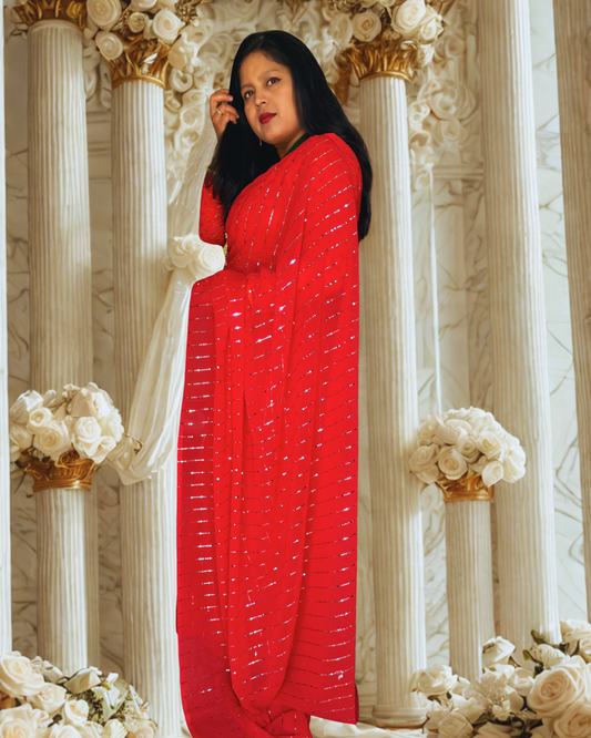 Red Sequin Georgette Saree – Glamorous Party & Festive Wear (Fall & Pico Done)