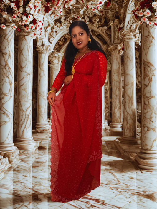 Elegant Crimson Red Georgette Saree with Intricate Border Work (Fall & Pico Done)