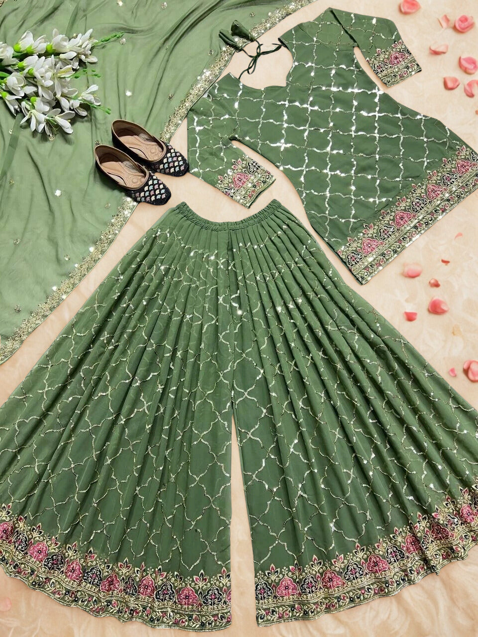 π Elegant Pista Green Chinnon Silk Palazzo Suit Set π β¨ Bridesmaid Outfit | Sequin Embroidery | Ready-to-Wear Comfort β¨