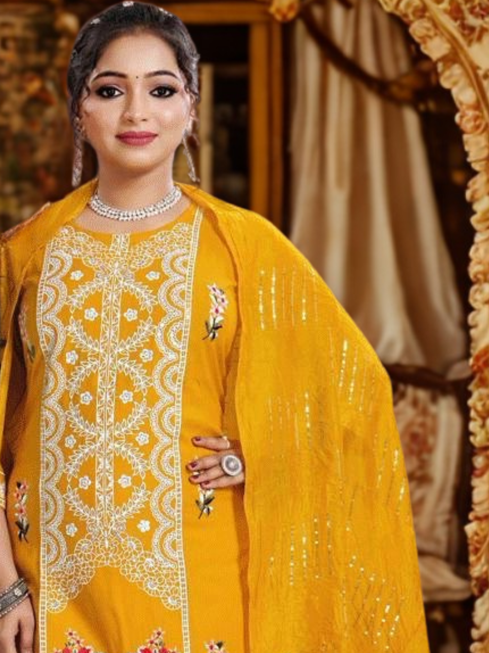 Elegant Resham Embroidered Silk Stitched Suit Salwar Kameez Kurta Set with Dupatta