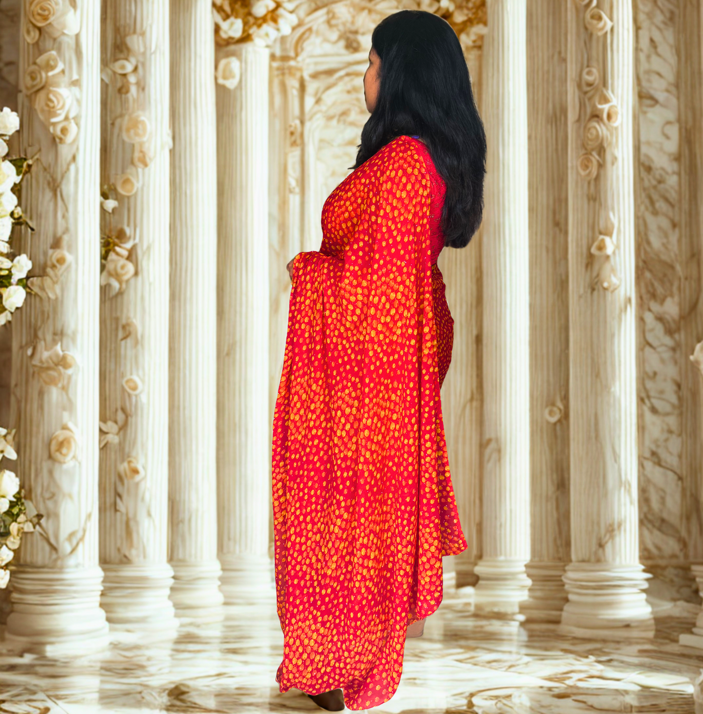Red Bandhani Georgette Saree – Traditional & Ready to Wear (Fall & Pico Done)