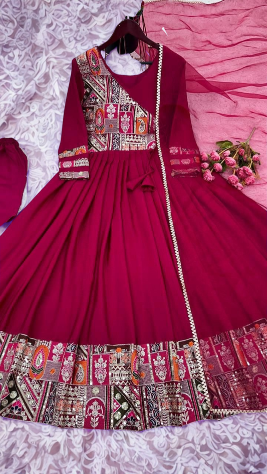 Regal Red Chinon Silk Anarkali Gown with Heavy Embroidery & Sequin Work | Designer Indian Party Wear Dress