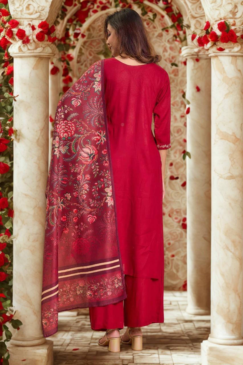 Fabric Kurta Set with Dupatta | V-Neck Straight Kurti with Divider Palazzo & Dupatta – Red
