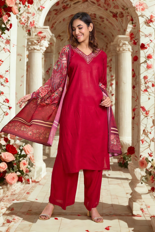 Fabric Kurta Set with Dupatta | V-Neck Straight Kurti with Divider Palazzo & Dupatta – Red
