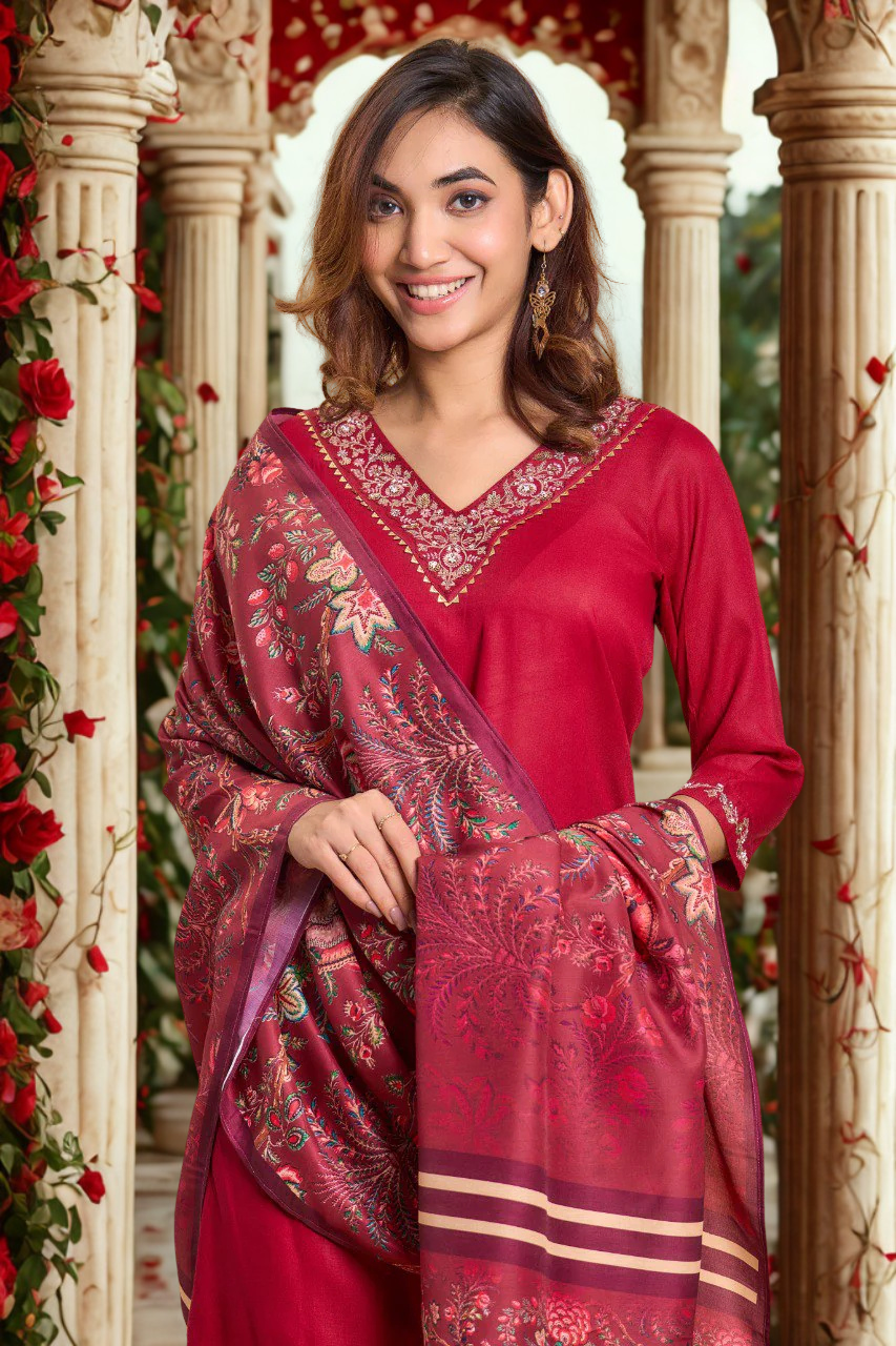Fabric Kurta Set with Dupatta | V-Neck Straight Kurti with Divider Palazzo & Dupatta – Red