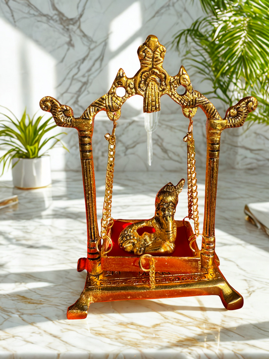 Divine Brass Laddu Gopal Jhula with Bal Gopal Idol – Handcrafted Krishna Swing for Home Temple & Festive Decor