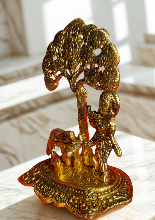 Golden Krishna with Cow & Tree Statue