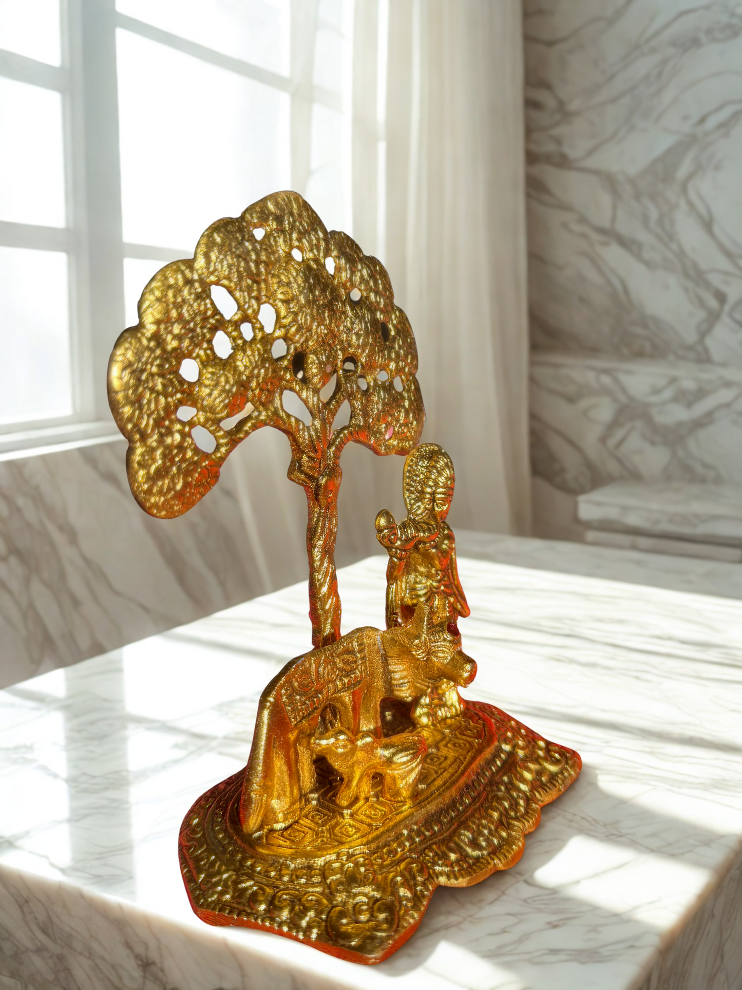 Golden Krishna with Cow & Tree Statue