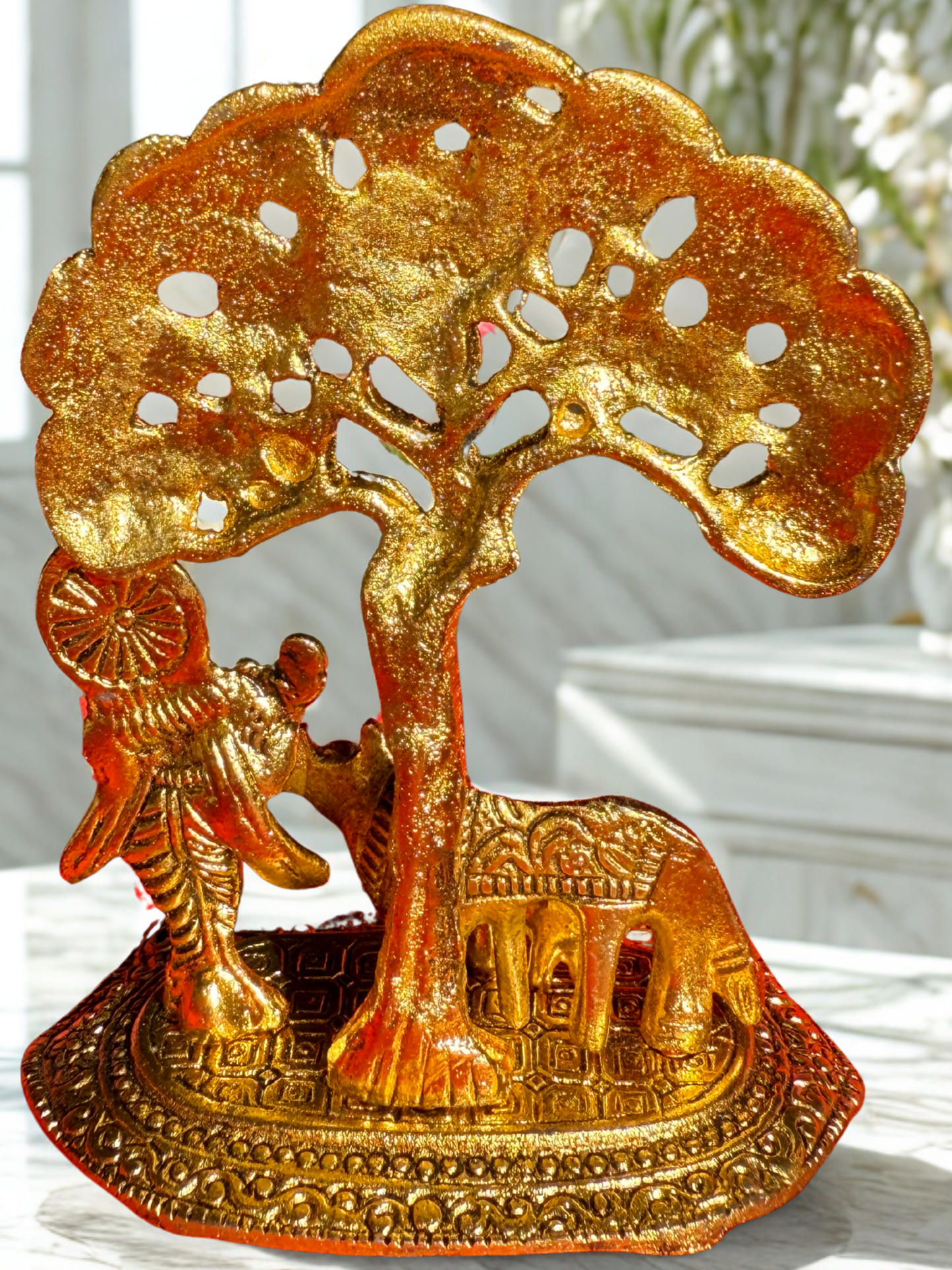 Golden Krishna with Cow & Tree Statue