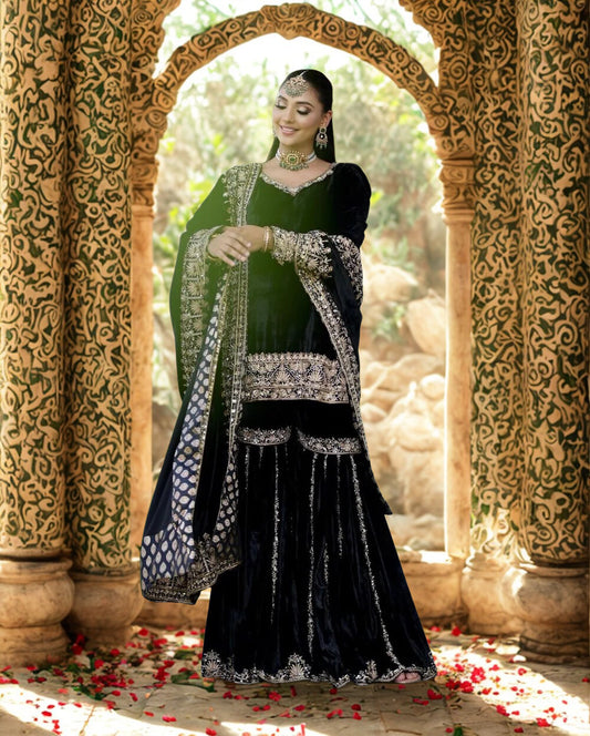 Velvet Embroidered Sharara Set with Dupatta | Heavy Sequence Work | Fully Stitched