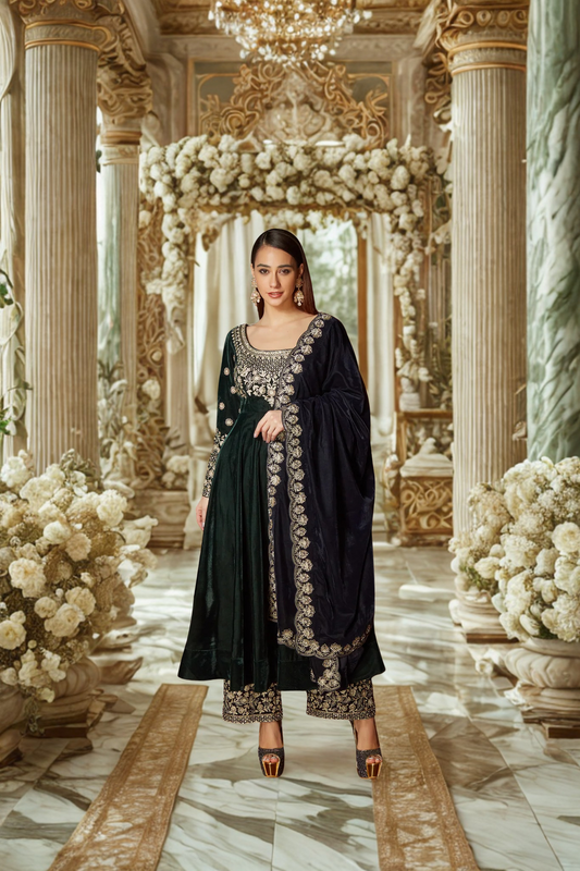 Luxury Emerald Green Velvet Anarkali Suit Set for Women – Heavy Zari Embroidery, Festive & Wedding Wear, Designer Indian Ethnic Outfit