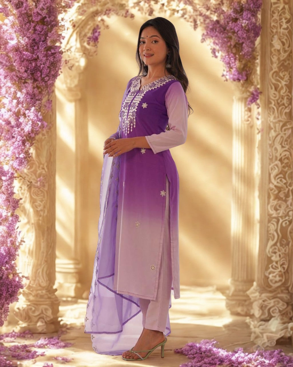 Lavender Bloom Embroidered Kurti Set with Dupatta – Ethereal Ombré Elegance