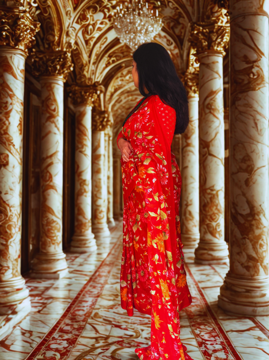 Red Floral Saree with Intricate Embroidery | Fall & Piko Done