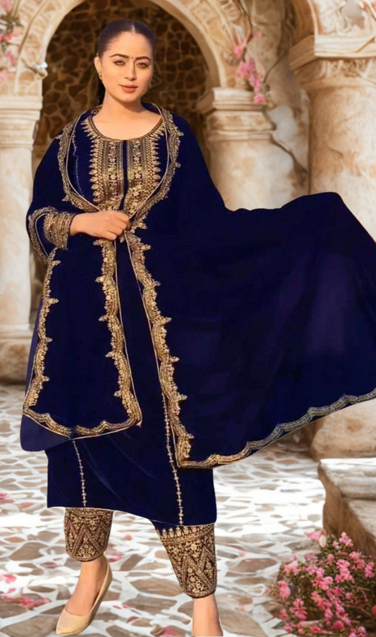 Luxury Velvet Embroidered Suit Set with Dupatta – Navy Blue | Fully Stitched