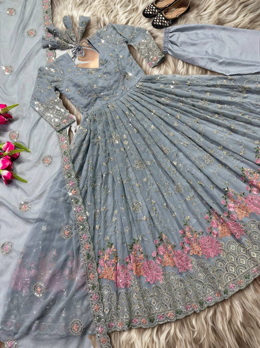Exquisite Artisanal Grey Georgette Anarkali Suit: Hand-Embroidered Florals & Sequin Opulence