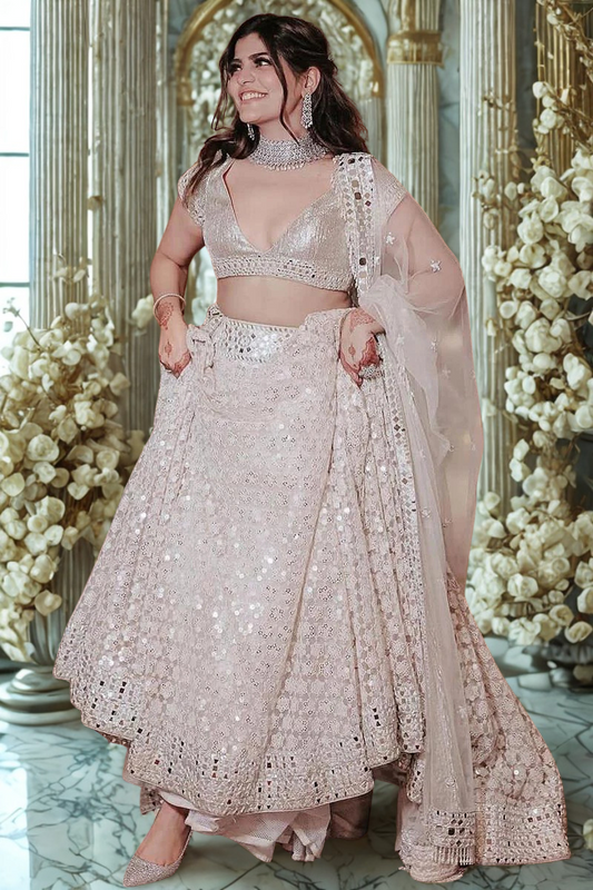 Women’s Ivory Net Lehenga Choli with Faux Mirror Work – Bridesmaid & Wedding Wear