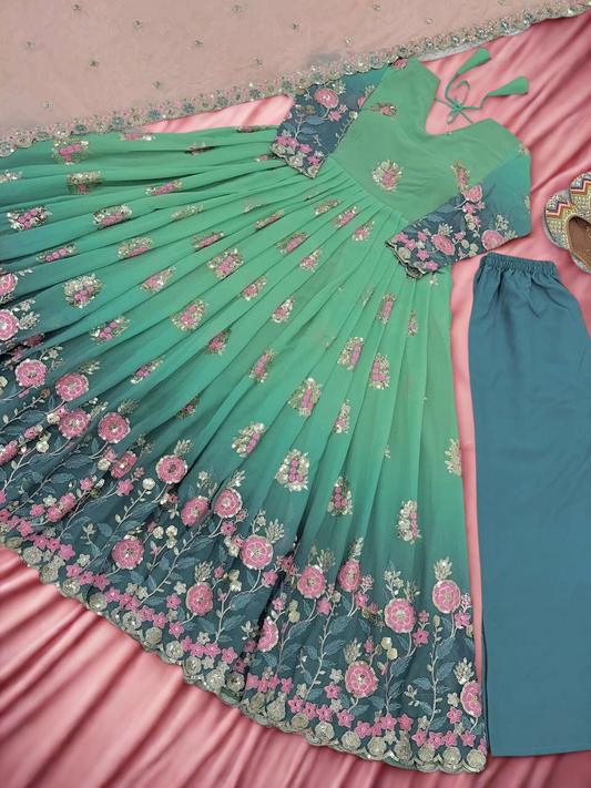 Emerald Elegance: Ombre Embroidered Georgette Anarkali Gown