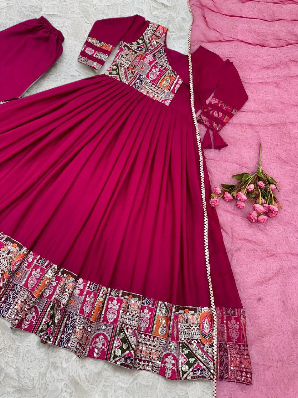 Regal Red Chinon Silk Anarkali Gown with Heavy Embroidery & Sequin Work | Designer Indian Party Wear Dress