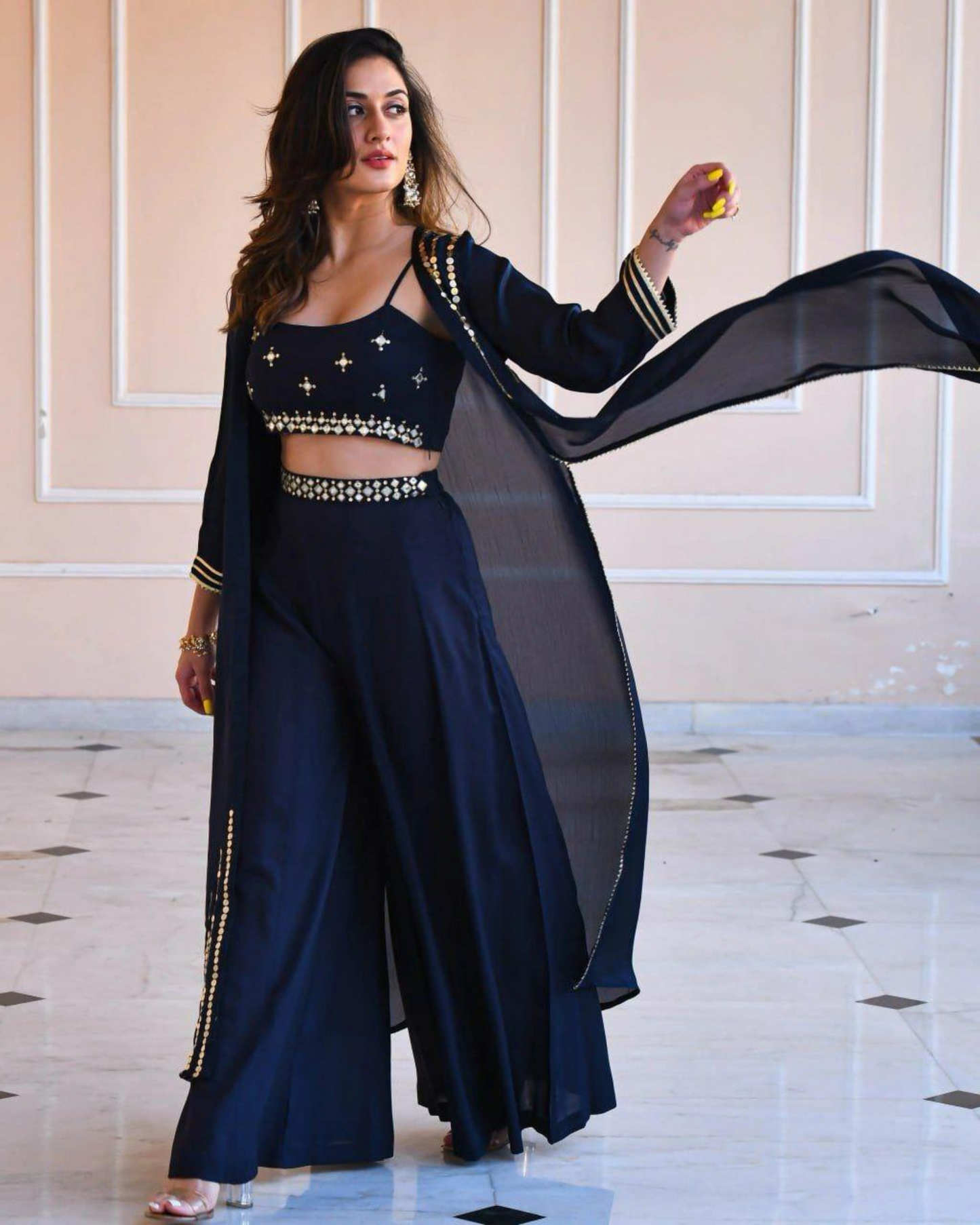 ✨ Elegant 3-Piece Palazzo Set – Embellished Crop Top, Long Jacket & Wide-Leg Pants | Festive Ethnic Wear