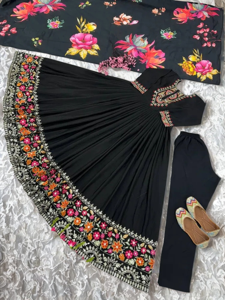 Black Color Chinon Gown with Heavy Embroidery & Dupatta