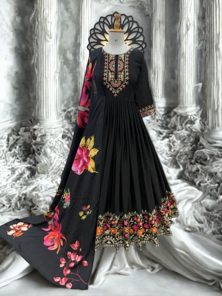 Black Color Chinon Gown with Heavy Embroidery & Dupatta
