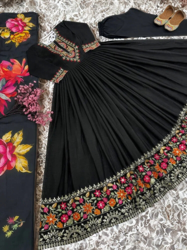 Black Color Chinon Gown with Heavy Embroidery & Dupatta