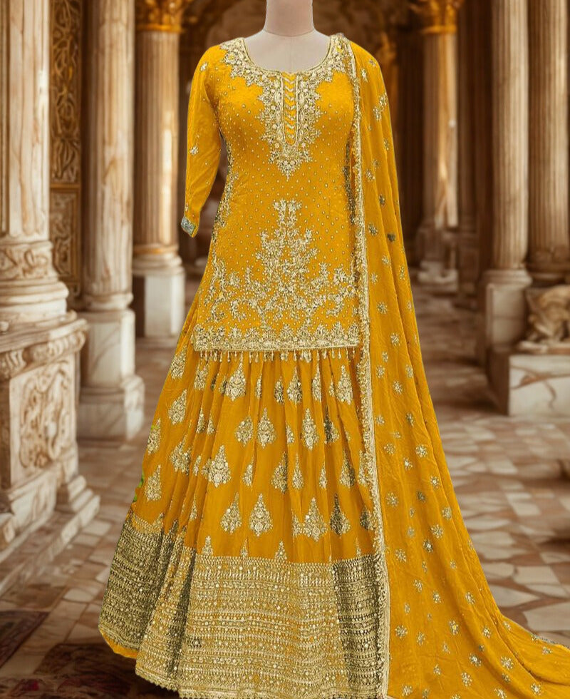 💛 Yellow Exquisite Chinnon Silk Lehenga Set 💛 ✨ Elegant • Embroidered • Semi-Stitched Luxury ✨