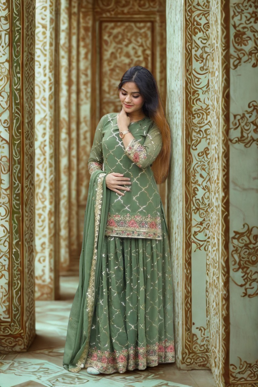 💚 Elegant Pista Green Chinnon Silk Palazzo Suit Set 💚 ✨ Bridesmaid Outfit | Sequin Embroidery | Ready-to-Wear Comfort ✨
