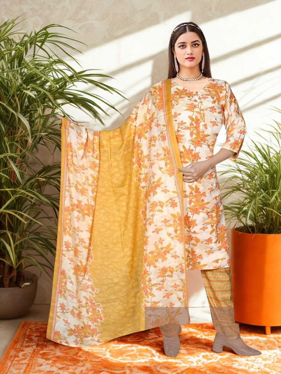 Whispering Blooms – Handcrafted Cotton Kurta Set with Dupatta