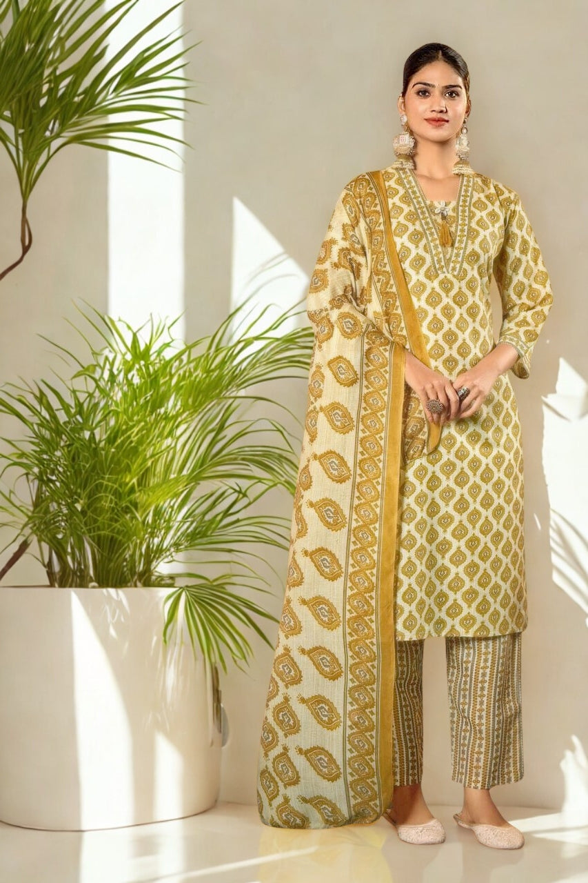 Heritage Print Cotton Kurta Set with Dupatta