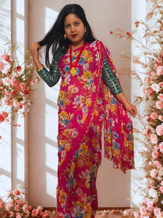 Pink Floral Printed Georgette Saree – Fall & Pico Done, No Blouse