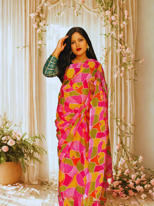 Vibrant Mosaic Print Georgette Saree
