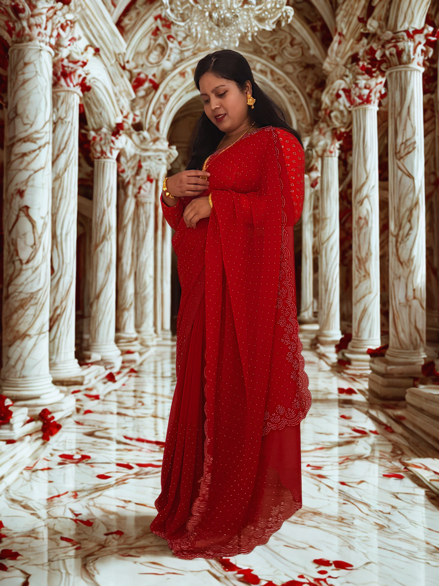 Elegant Crimson Red Georgette Saree with Intricate Border Work (Fall & Pico Done)