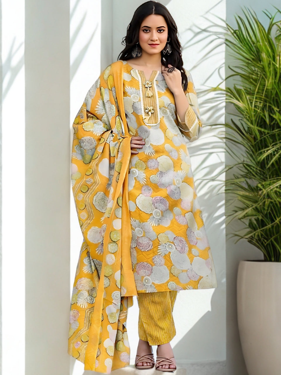 Sunshine Floral Printed Cotton Kurta Set with Dupatta