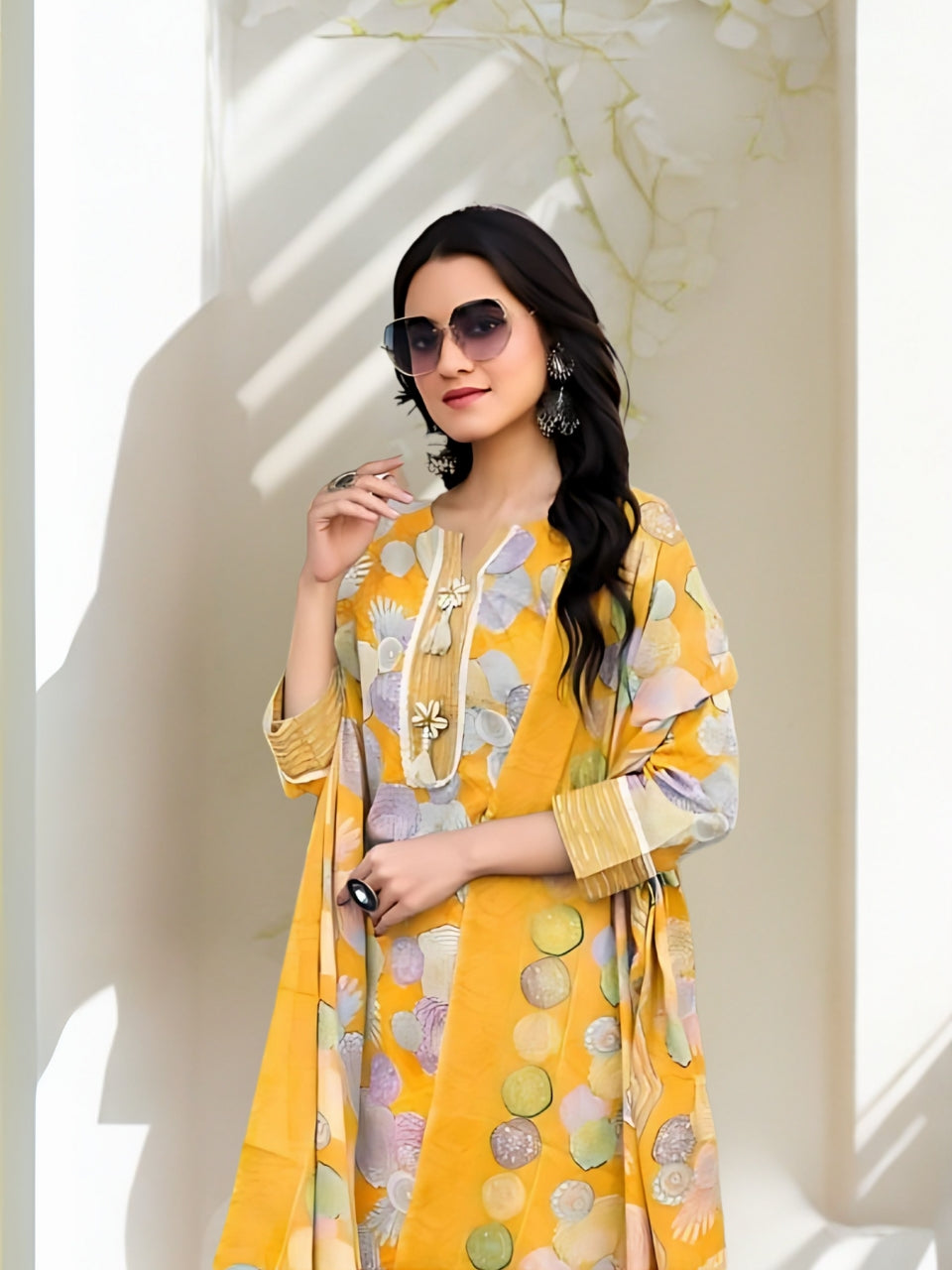 Sunshine Floral Printed Cotton Kurta Set with Dupatta
