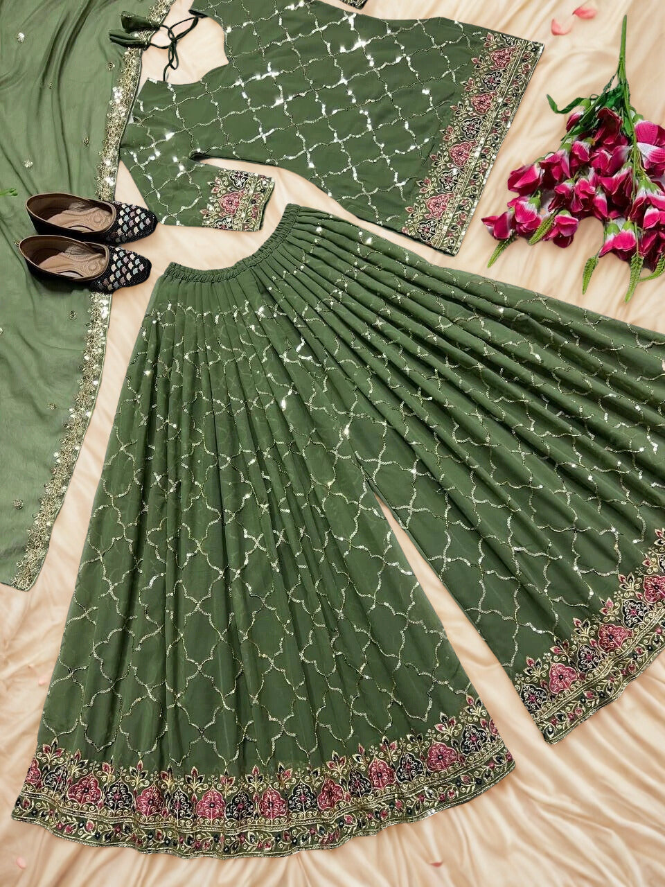 💚 Elegant Pista Green Chinnon Silk Palazzo Suit Set 💚 ✨ Bridesmaid Outfit | Sequin Embroidery | Ready-to-Wear Comfort ✨